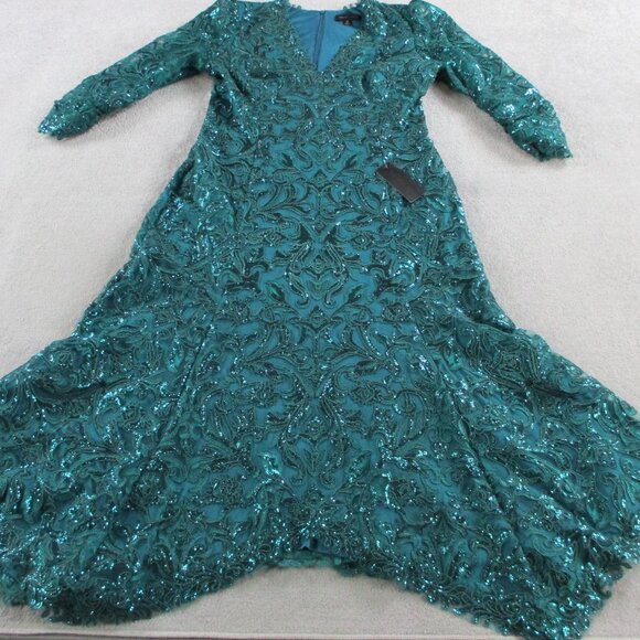 Tadashi Shoji Dress Womens 16 Cerulean Green Vivar Handkerchief Hem V Neck Midi - Picture 2 of 12